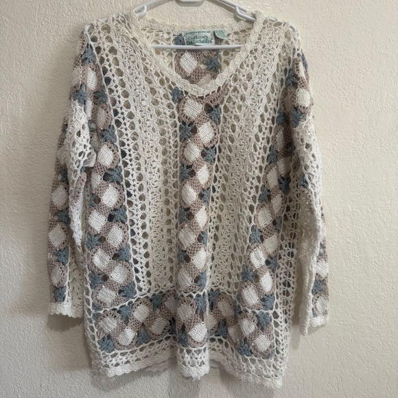 Colleen's Collectables Sweaters - Colleen's Collectables Crochet Sweater Hand Knitted Ramie Cotton Boho Cream‎ L